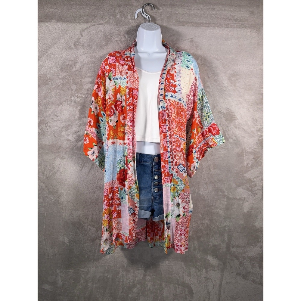 Karyn Seo Kimono Blouse Womens XS Multicolor Floral Patchwork Open Front